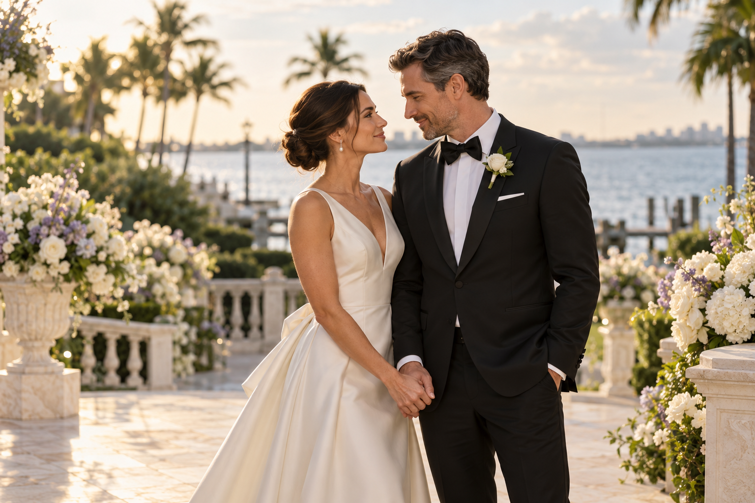 An elegant bride and groom at a South Florida waterfront wedding