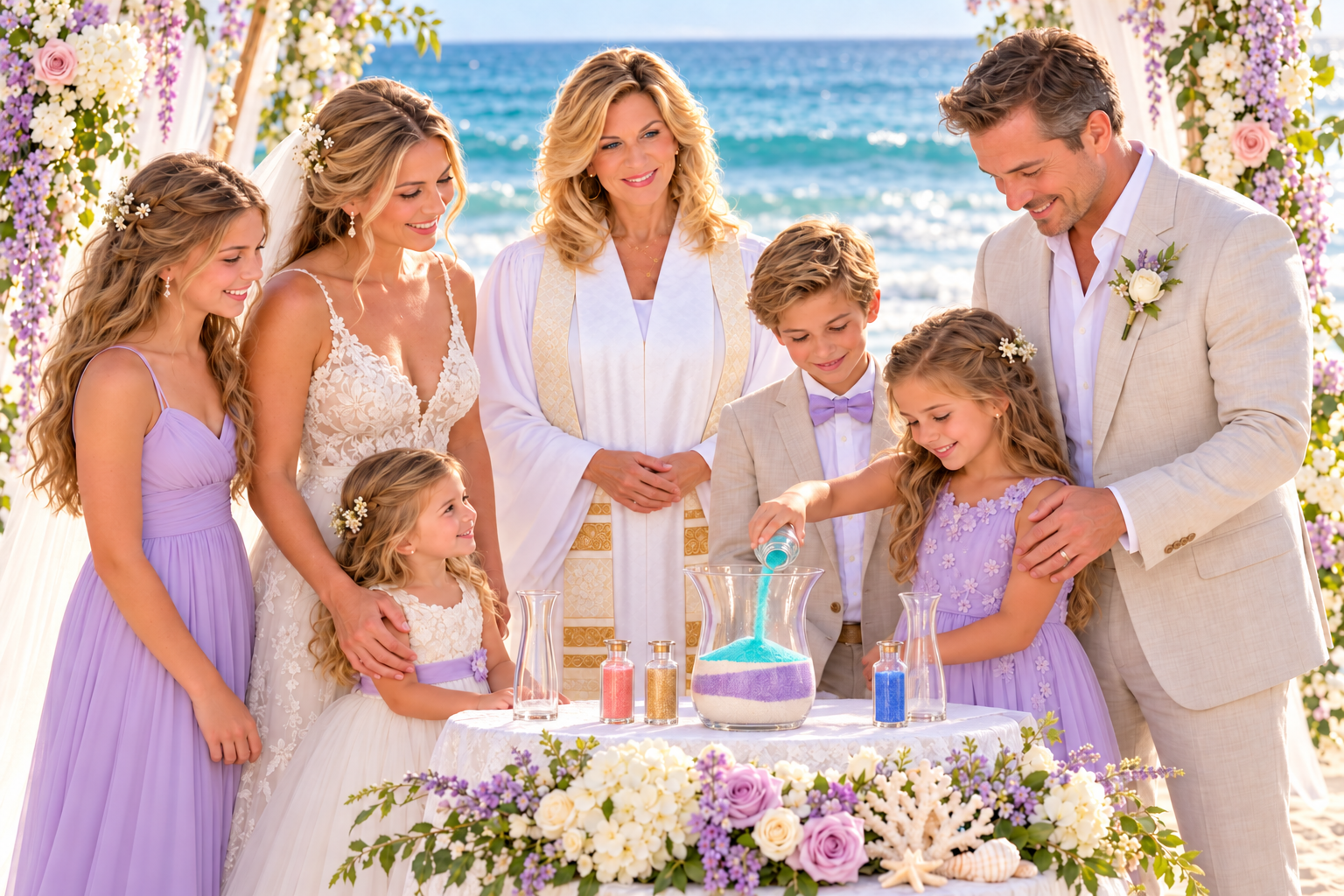 Rev. Riana guiding a beach wedding unity sand ceremony with a bride, groom and four children ages three to fourteen