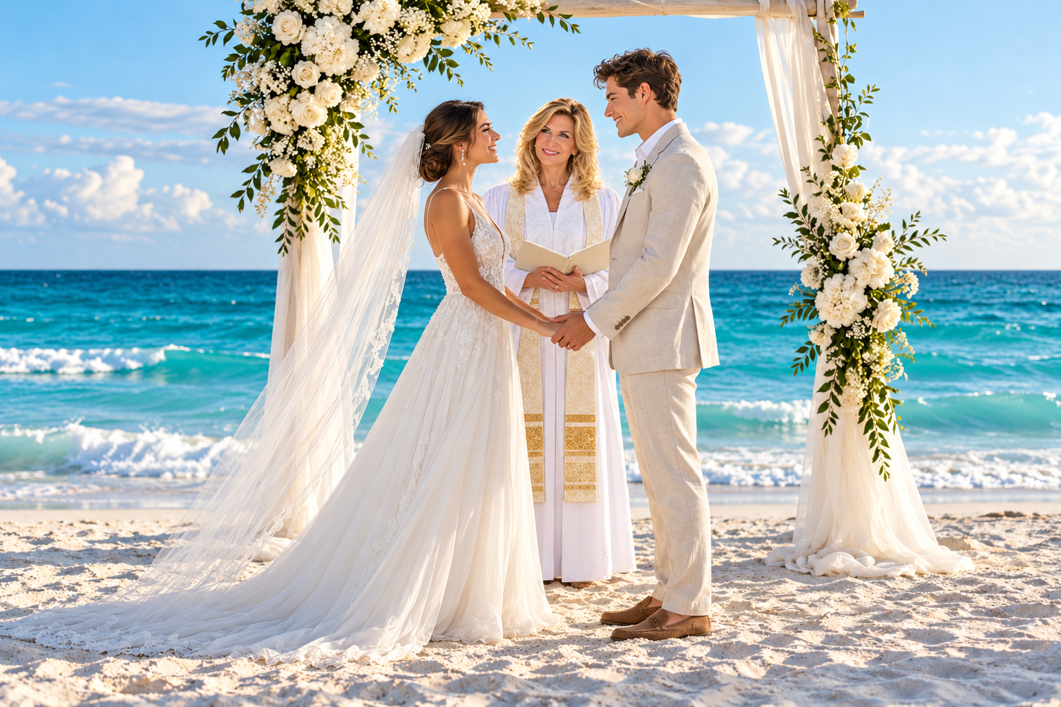 Rev. Riana officiating a young couple’s beach wedding beside the turquoise ocean