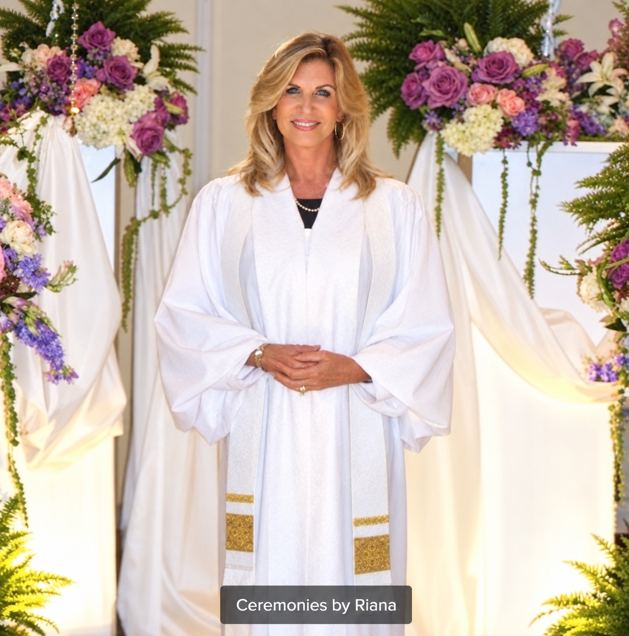 Rev. Riana Milne in her white minister robe and gold stole beneath floral ceremony decorations
